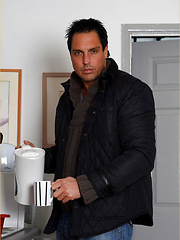 Horny Marcello masturbates his big cock inside a condom