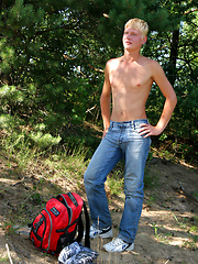 Horny blond college boy jacking off outdoors